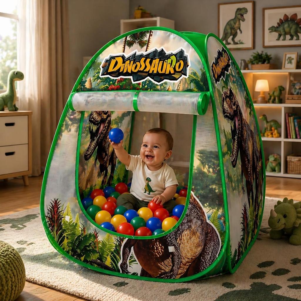 Barraca Infantil Toca Tenda Cabana Dinossauro Verde Iglu Dobrável Com 50 Bolinhas Coloridas ou Verdes