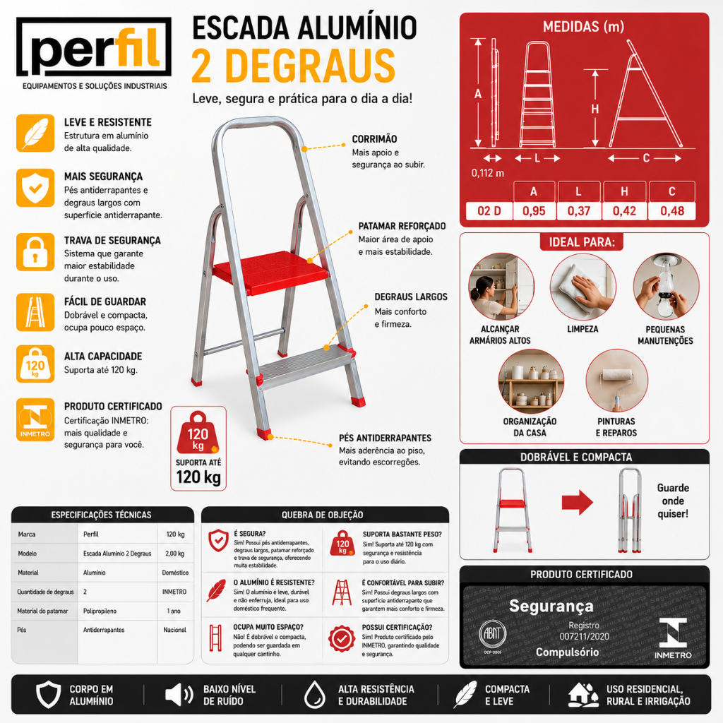 Escada Alumínio 2 Degraus Escadinha Vermelha Escada Doméstica Dobrável Antiderrapante Casa BOTAFOGO