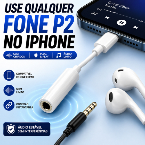 Adaptador Lightning P2 iPhone iOS Fone 3.5mm Cabo Auxiliar Áudio Sem Chiado Compatível Premium Som Limpo