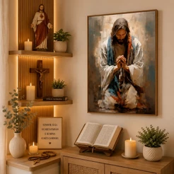 Quadro Decorativo Jesus Orando Pai Nosso 50x75cm 60x90cm Religioso Para Sala Quarto Escritório