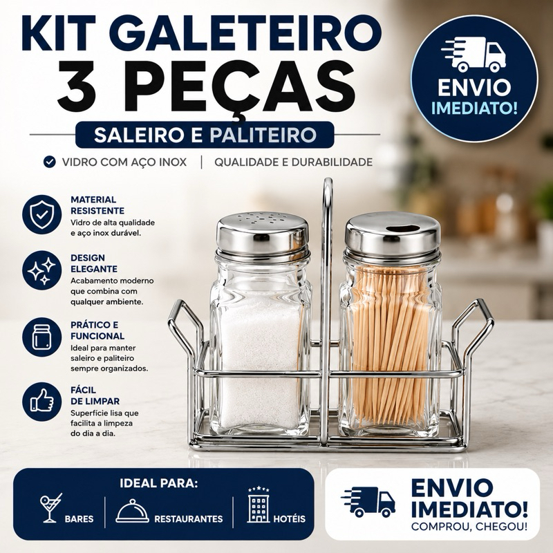 Kit Saleiro e Paliteiro Galheteiro Porta Sal e Palitos Com Suporte Metal Mesa Bar Restaurante Hotel
