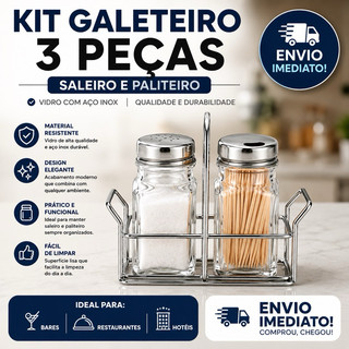 Kit Saleiro e Paliteiro Galheteiro Porta Sal e Palitos Com Suporte Metal Mesa Bar Restaurante Hotel