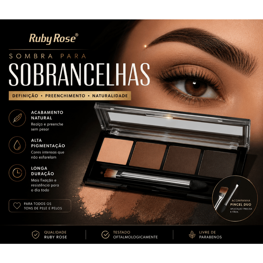 Paleta De Sombra Para Sobrancelhas Ruby Rose 4 Cores Trio De Sombras Com Primer Pincel Duplo Espelho