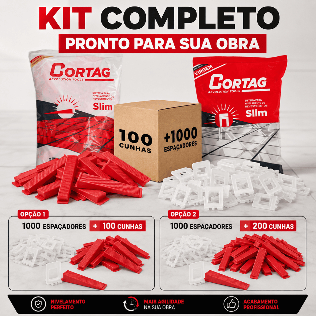 Kit Espaçador Nivelador Cortag Slim 1000 Peças + 100 ou 200 Cunhas Nivelamento Piso Porcelanato