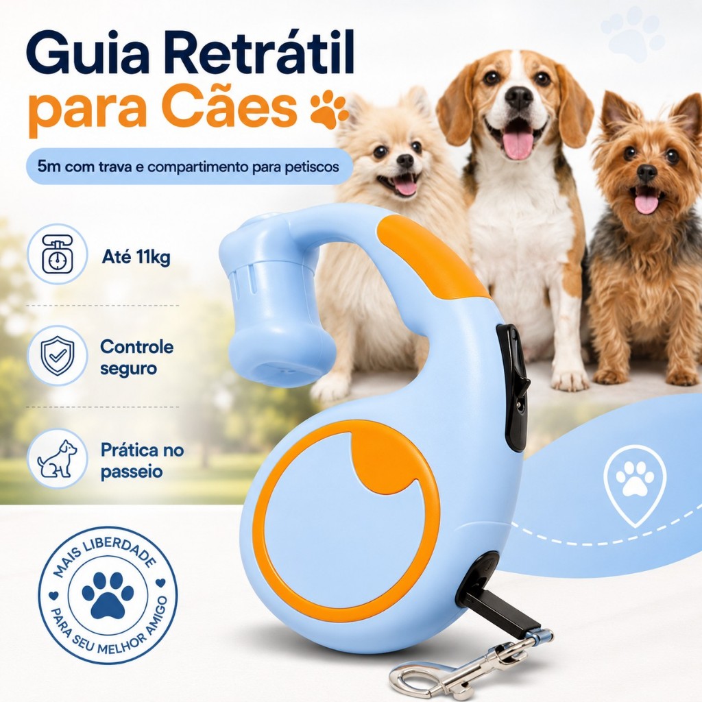 Guia Retrátil para Cães 5m com Trava e Compartimento Petiscos até 11kg