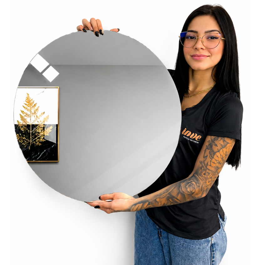 Espelho Redondo 60 cm Vidro Lapidado com kit de instalação – Ideal Para Banheiro Sala Quarto