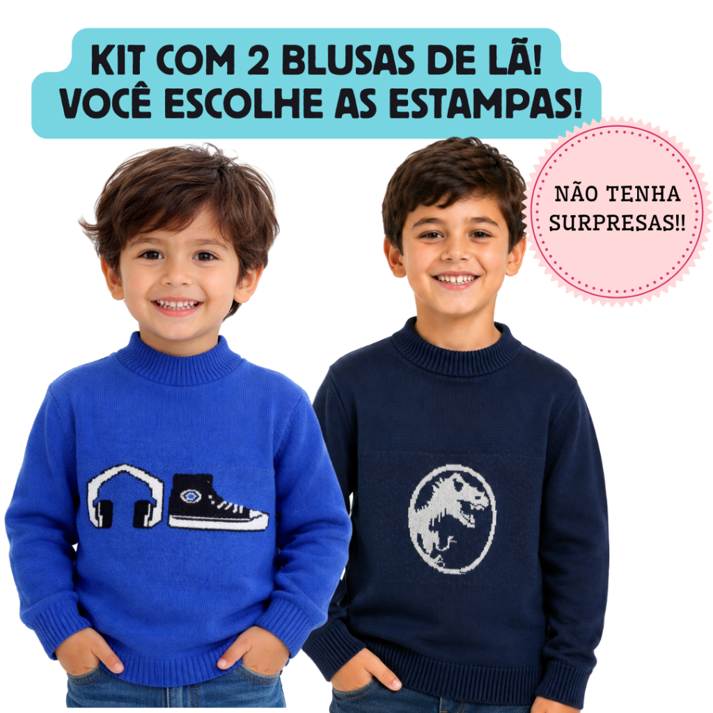 Kit com 2 Blusas de Tricot Lã Premium Infantil e Juvenil Para Menino