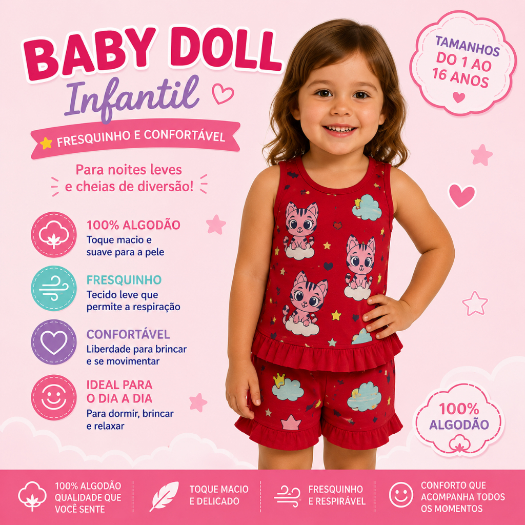 Pijama Menina Malha 100% Algodão Baby Doll Verão Confortável Estampado 1 ao 16 anos
