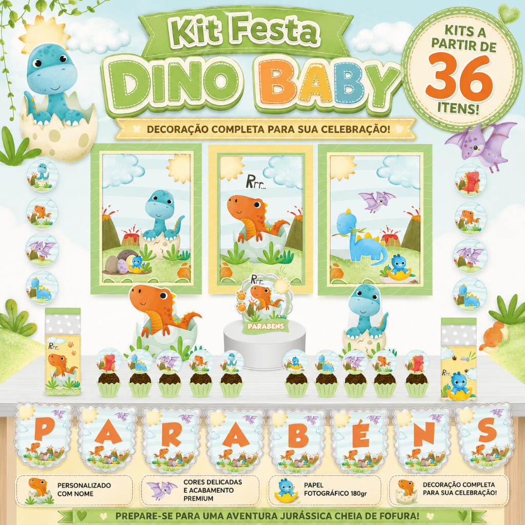 Kit Festa Fácil Kit Só Um Bolinho Dinossauros Baby Dino Baby Mêsversário Mêsversário Aniversário