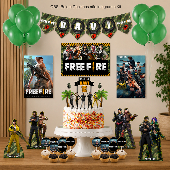 Kit festa em casa personalizado 17 itens + 1 topo de bolo + bandeirolas Free Fire