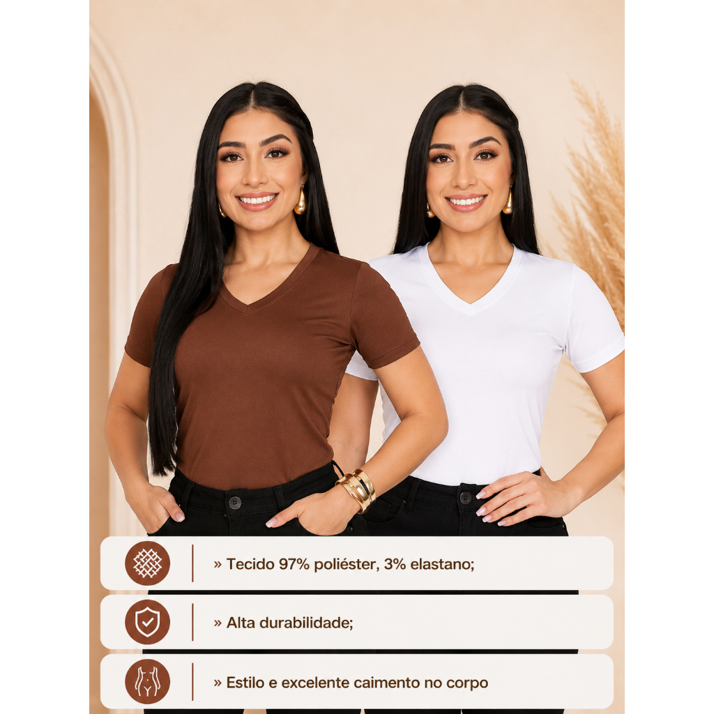 KIT 4 T-SHIRT GOLA V CANELADO COM MANGA FEMININO BLUSA GOLA ALTA MANGA — imagem 2 de 2