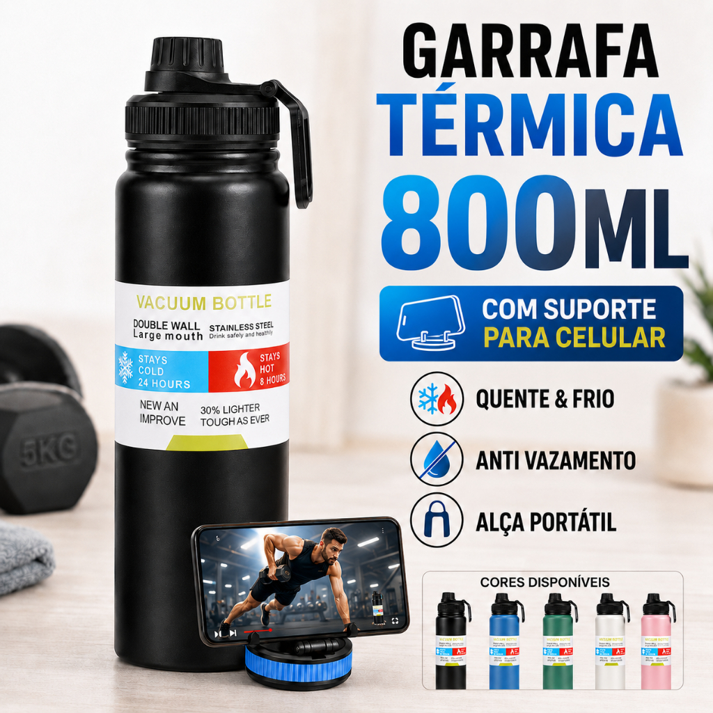 Garrafa Térmica de Água 800ML Aço Inoxidável Alça Porta Celular Academia, Treino, Trabalho