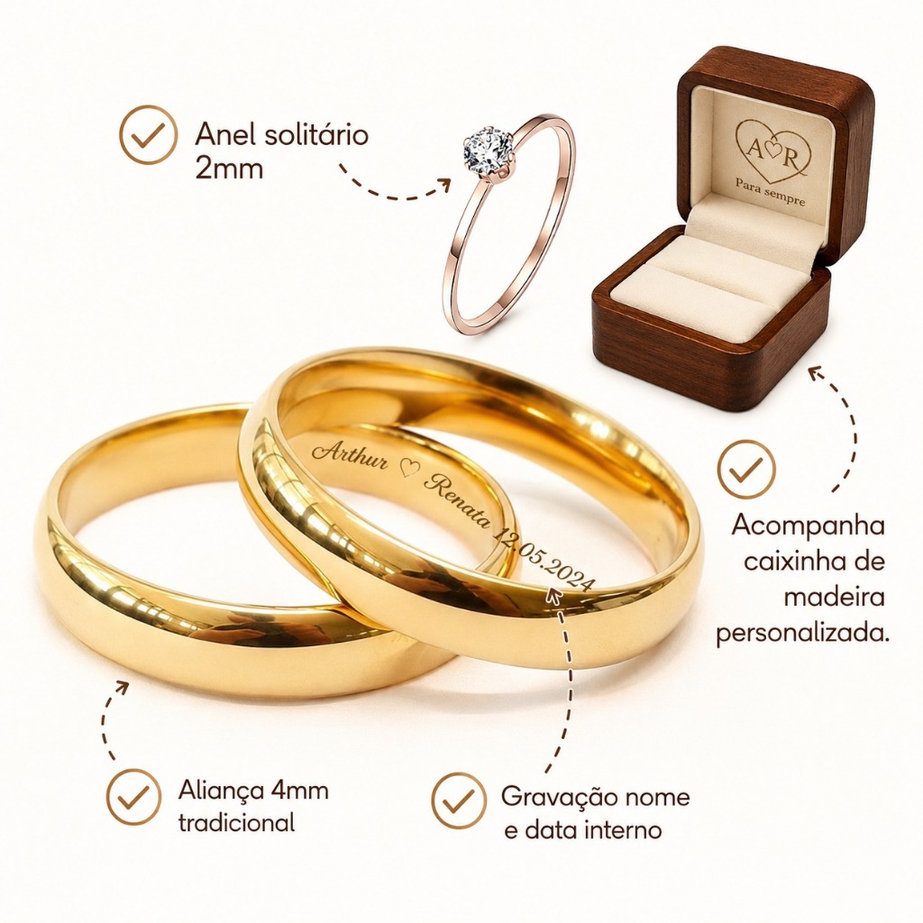 Par Alianças Com 10 Banhos a Ouro 18k 4mm Casamento Noivado + Anel + Gravação