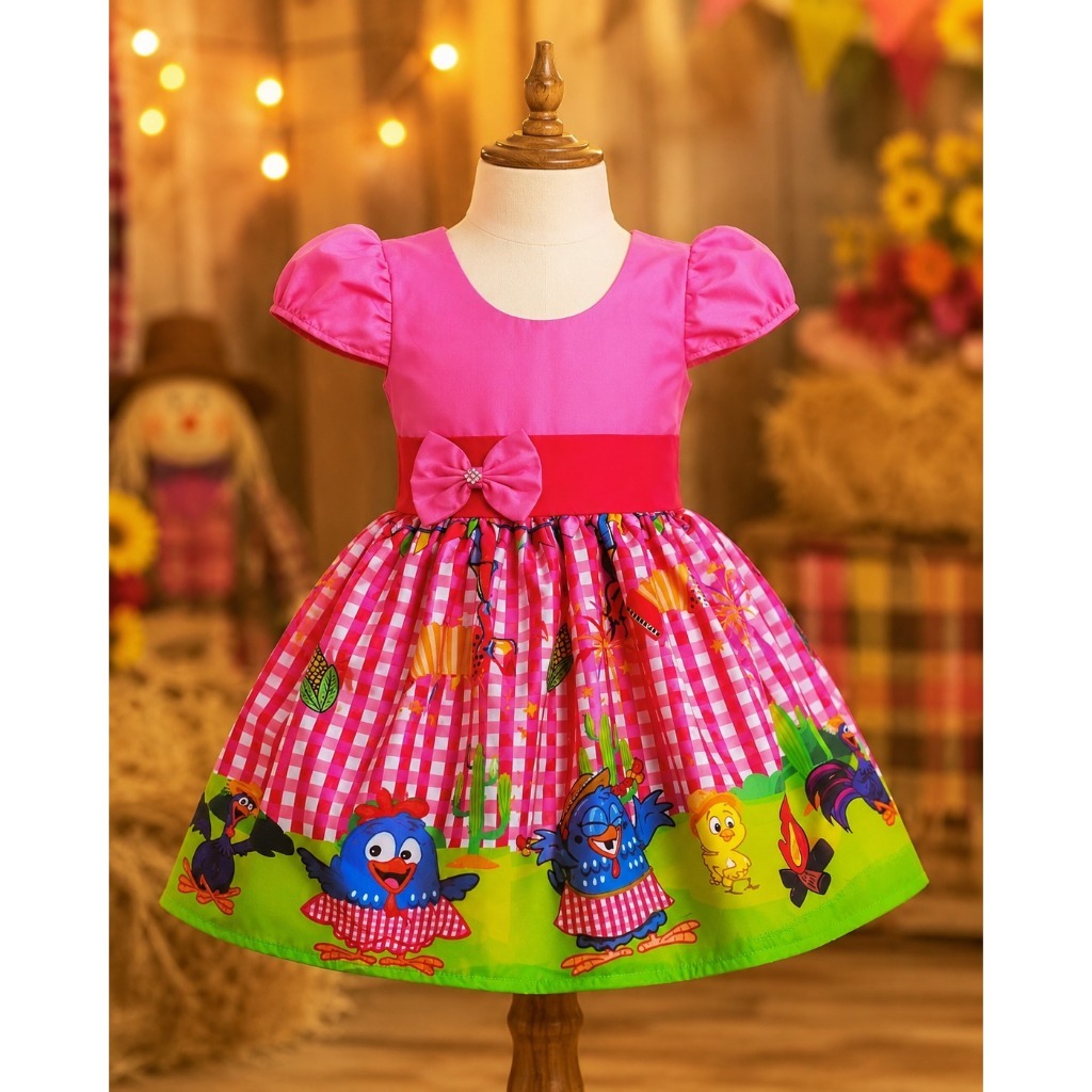 Vestido Menina Infantil Festa Junina Arraia Galinha Pintadinha Rosa (LLA)