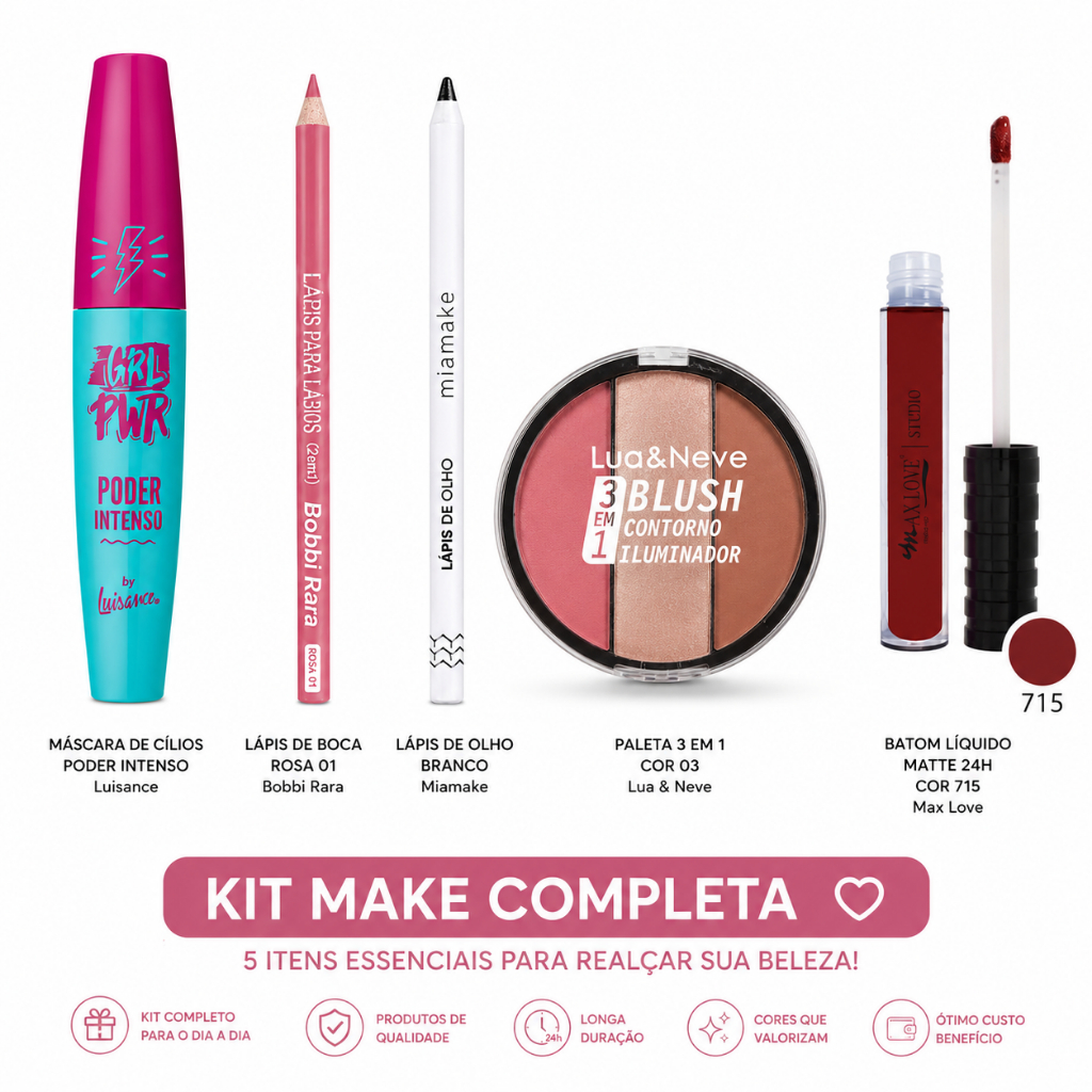Kit Maquiagem Completa Iniciante Dia a Dia Feminina Básica | Rímel + Batom + Lápis Labial+ Paleta+ Lápis de olho