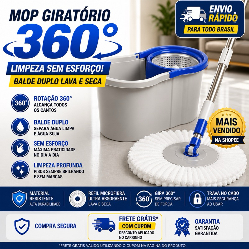 Mop Giratório 360° com Balde Duplo  Vortex Mop 360™ Esfregão Limpeza Profunda Sem Esforço Cabo Ajustável Sistema Gir