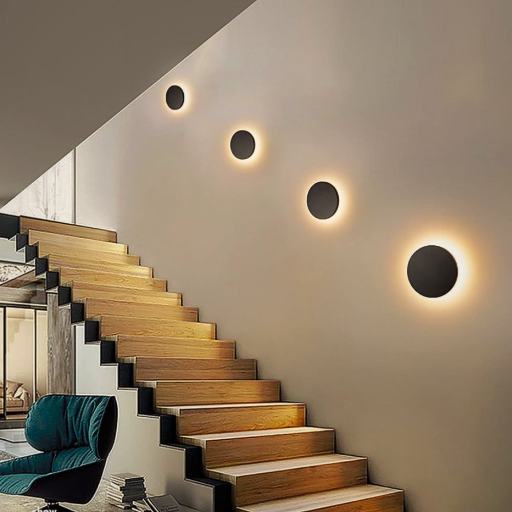 Kit 6 Arandela Led Luminária Redonda Eclipse Preta 9w Luz Quente Indireta Balizador Interno Externo
