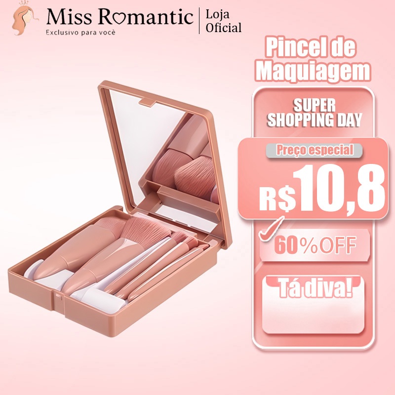 Jogo de Pincéis de Maquiagem 5 em 1 Macio Completo Com Maleta e Espelho Rosa Luxo