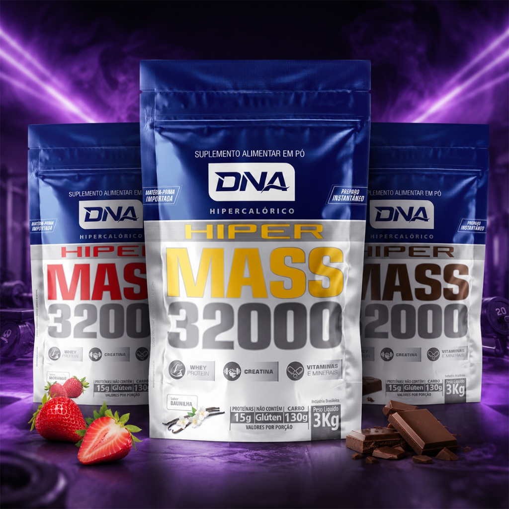 Hipercalórico Hiper Mass 32000 3kg DNA Baunilha Whey Creatina Vitaminas Ganho De Massa Energia Extra