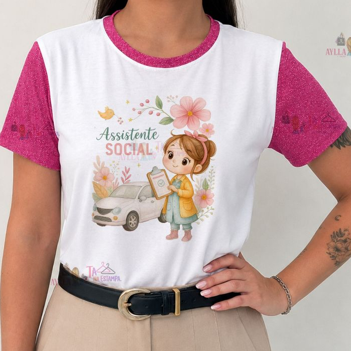 Tshirt  MANGA LUREX , PROFISSÃO, ASSISTENTE SOCIAL, serviço social, saude, bem estar,FLORAL,PLUS SIZE