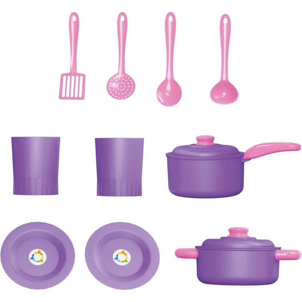 Cadeirinha Infantil Com Kit Panelinhas Brinquedo Menina 14 Peças Pais e Filhos Rodinha Baú Organizado
