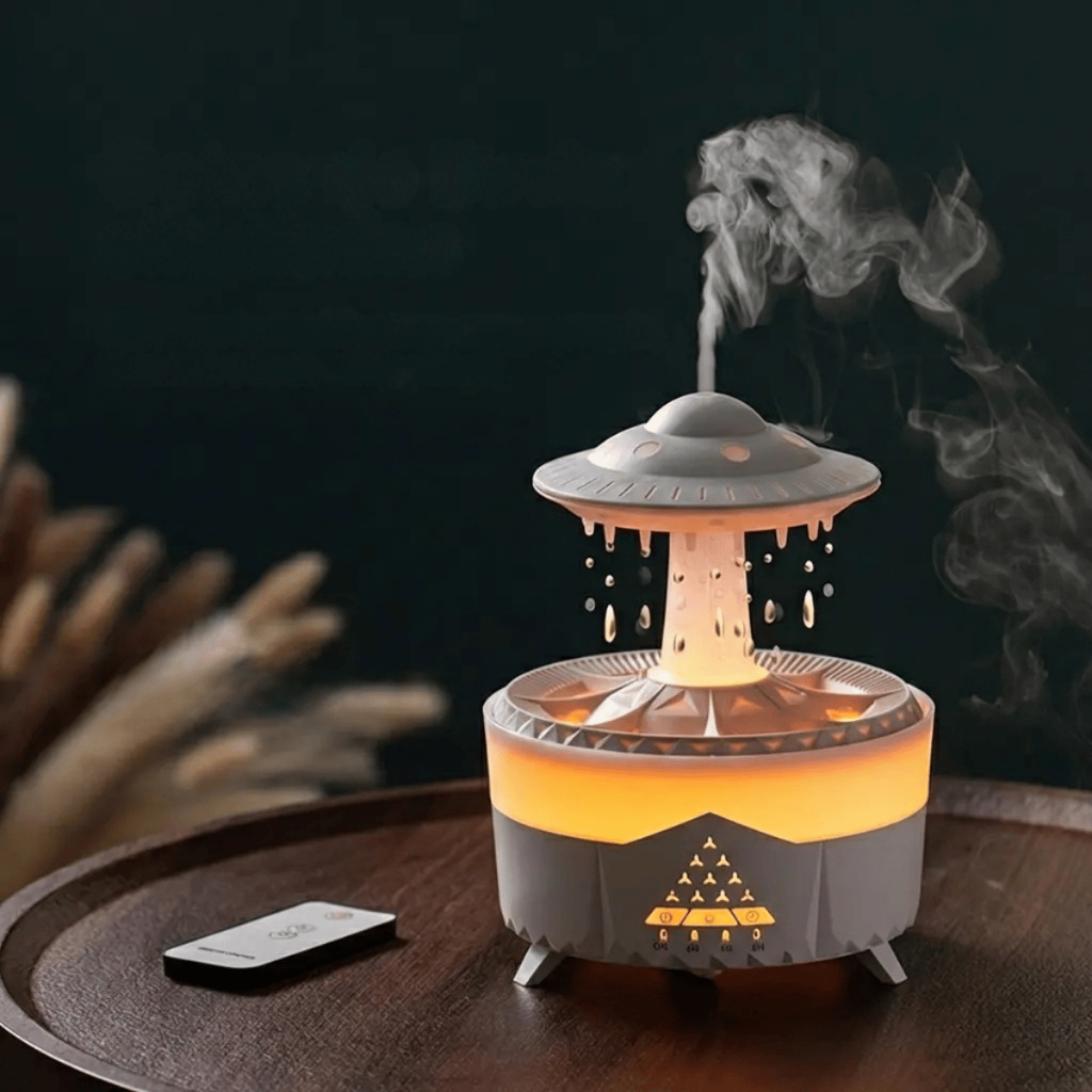 Umidificador de Nuvem de Chuva Som Relaxante e Difusor de Óleo Essencial Luz Colorida e Temporizador