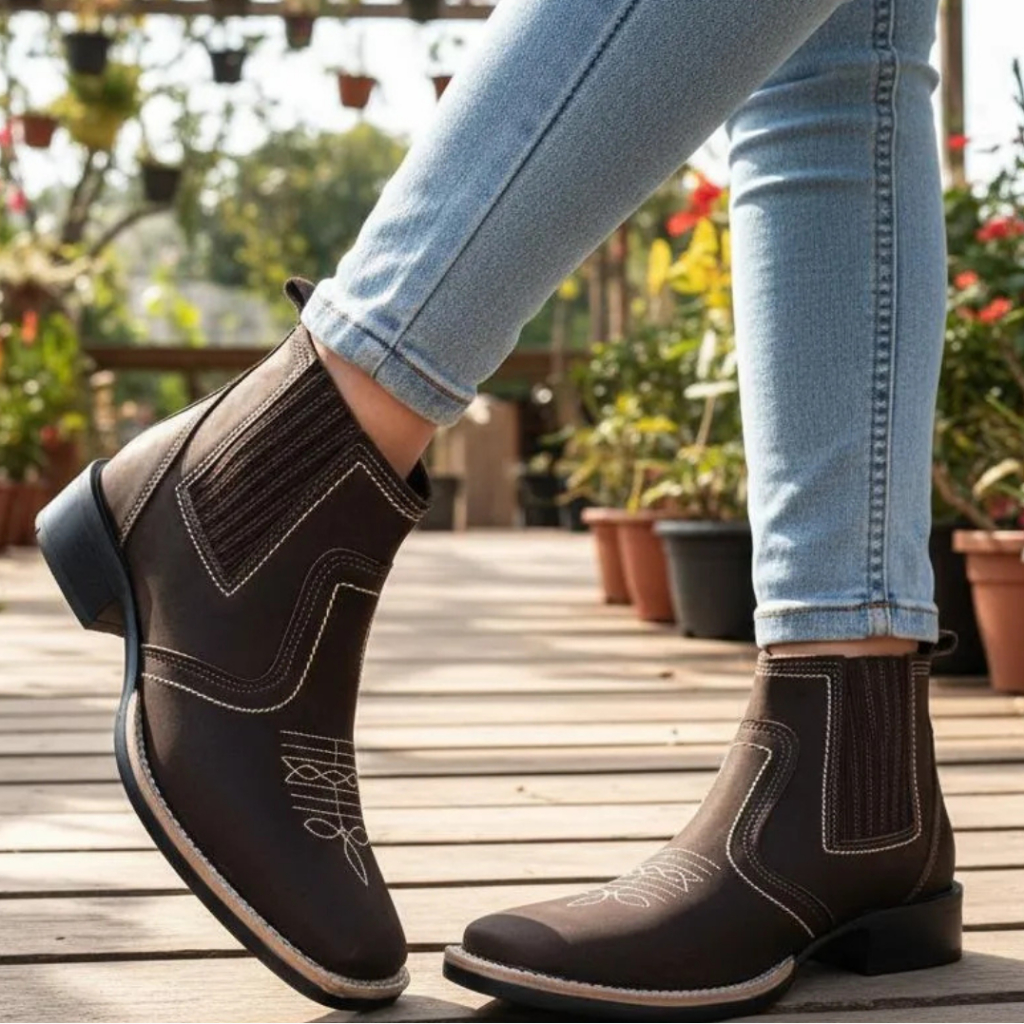 Bota Country Feminina Texana Bico Quadrado Em Couro Legitimo Couro Nobuck Solado Costurado Referencia 3140