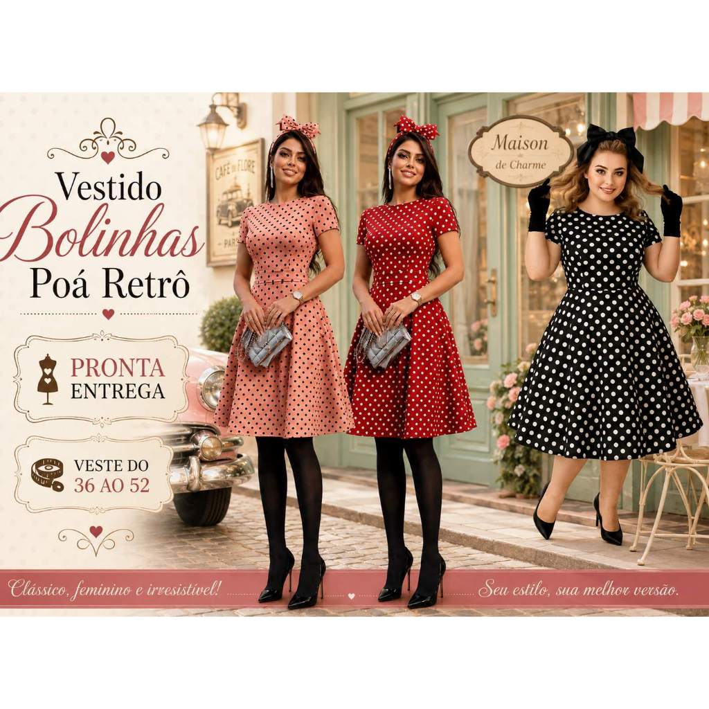 Vestidos No Atacado Moda Evangélica Plus Size Social bolinhas Poá Retrô Vintage Rodado Evasê Midi Midi Godê