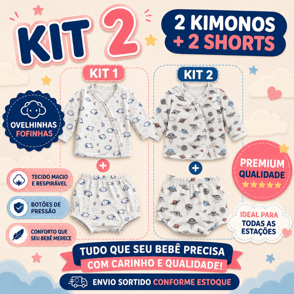 Kit 2 Body Bebê Kimono Manga Longa Canelado Tapa Frauda Estampado Ovelhinha com Botões de Pressão Unissex RN P M G 1