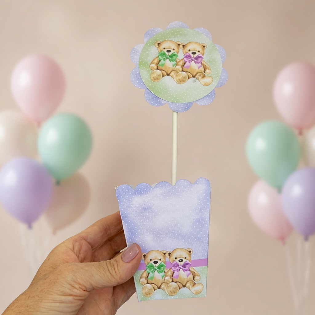 Centro de Mesa Cachepô Ursinho Verde e Lilás/Chá Revelação/Lembrancinha Para Festa//Decoração