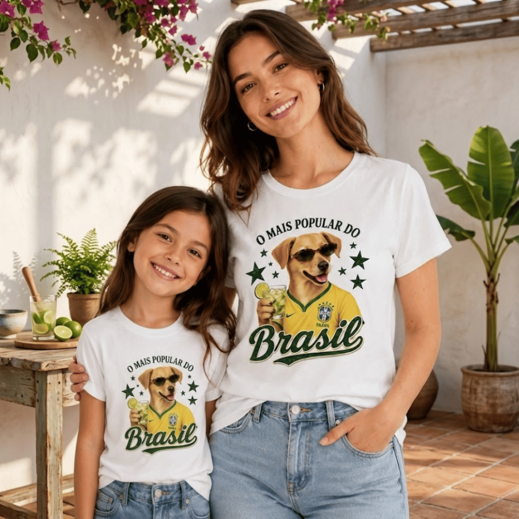 Kit Camisetas Mãe e Filha Brasil Copa do Mundo Estampa Divertida Confortável Look Família Casual