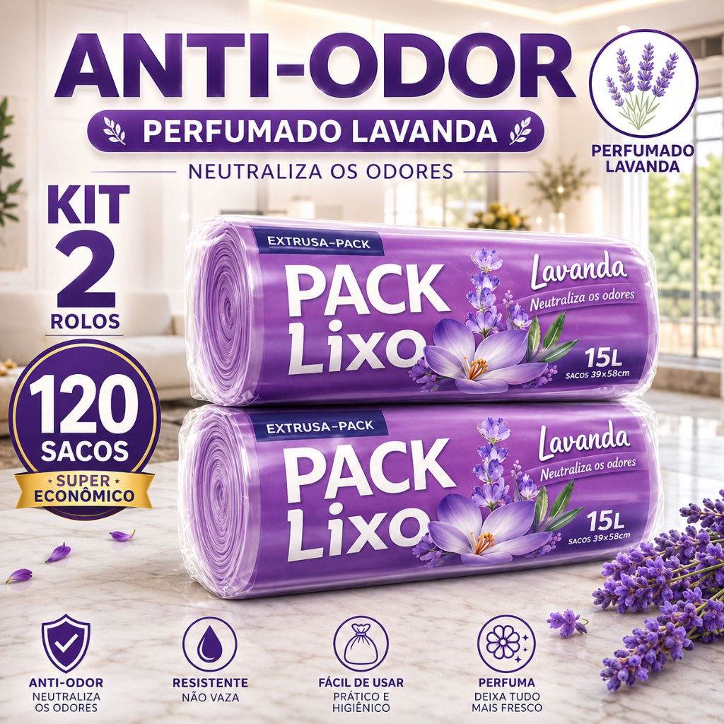 Kit 2 Rolos Saco Lixo 15L Lavanda Perfumado Anti Odor Kit 2 Rolos 120 Sacos Banheiro Cozinha