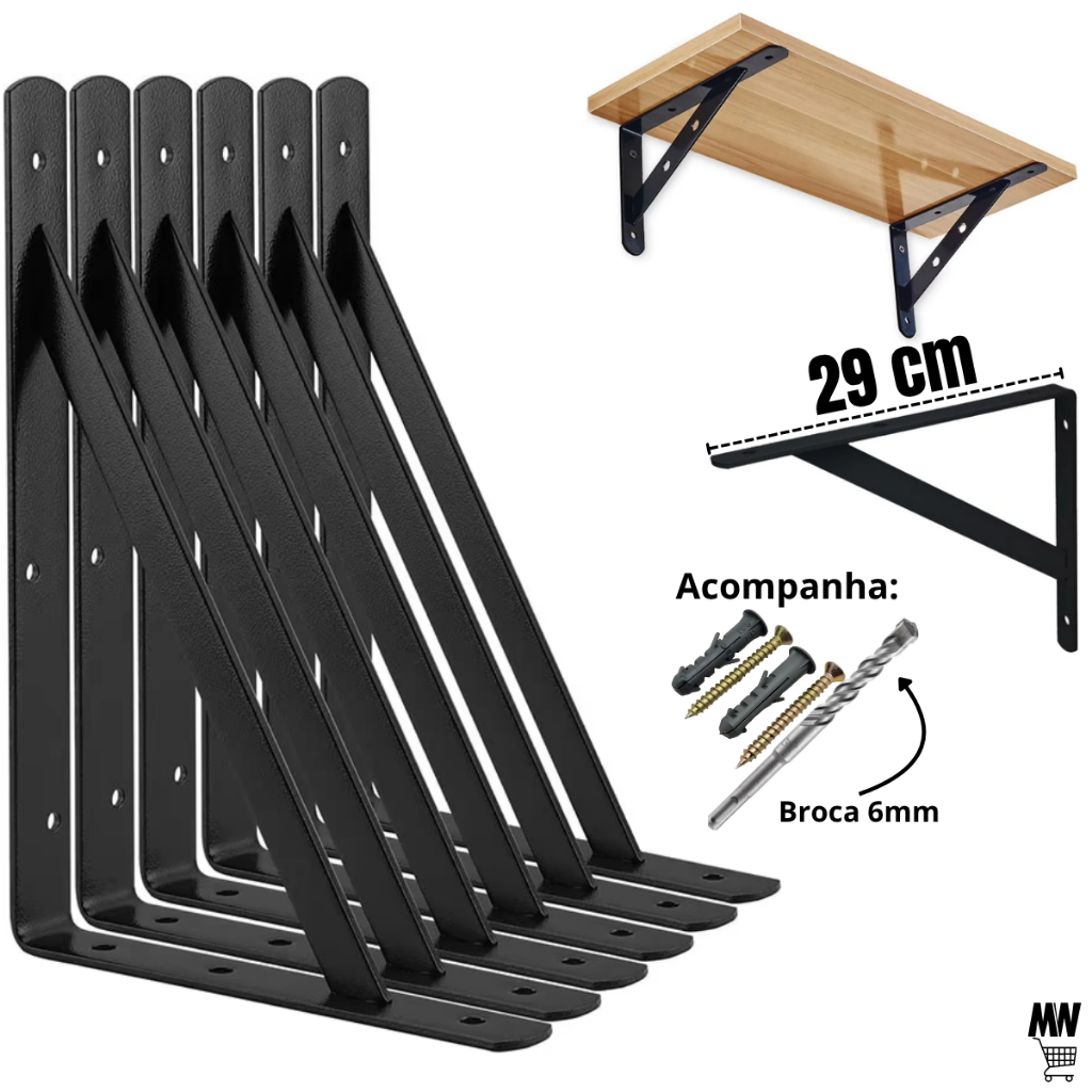 Kit Suportes Mão Francesa Preta 15 Unidades 29 cm Canto Tábua Cantoneira Reforçada Preto