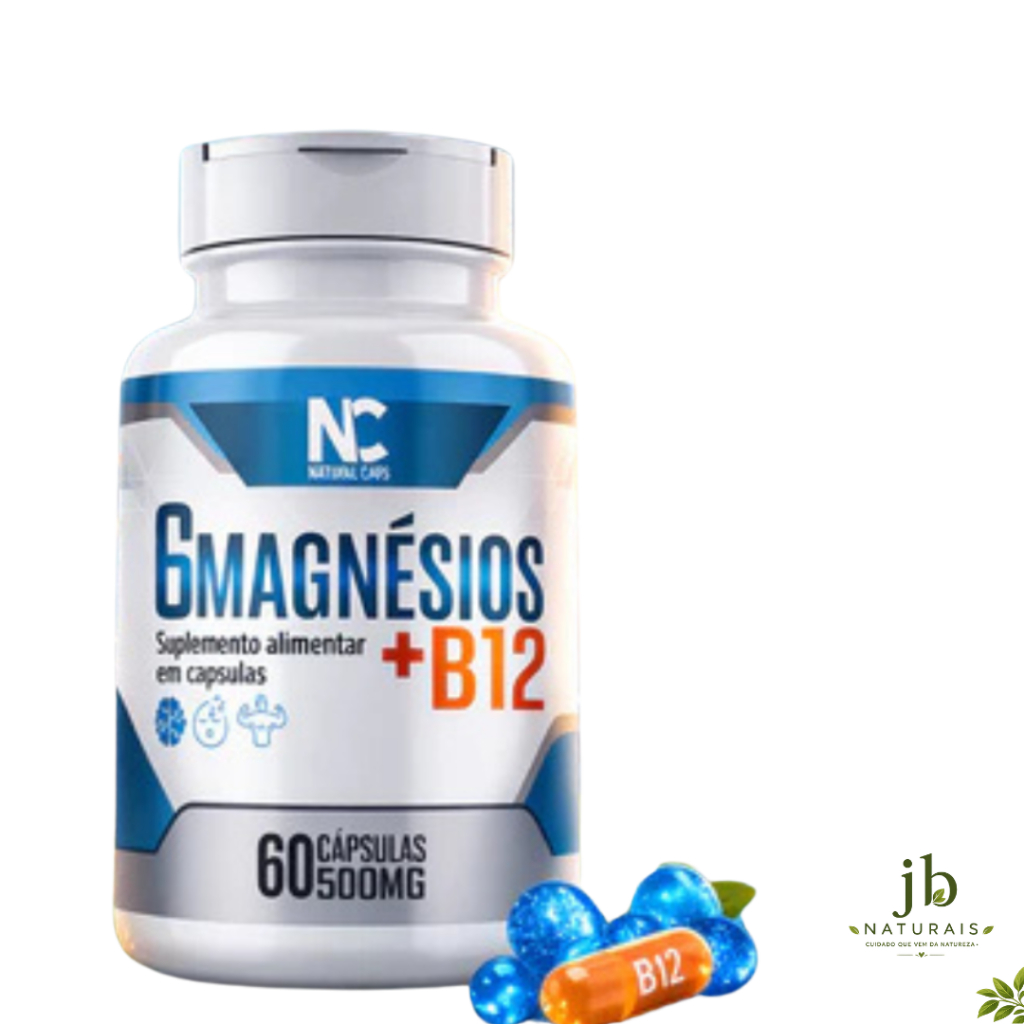 6 Magnésios + Vitamina B12 500mg 60 Cápsulas | Suplemento Alimentar Energia e Disposição
