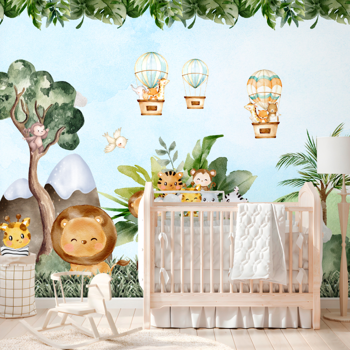 Papel de Parede Safari BAby Animais em Balões Decorativo - Adesivo Autocolante Decorativo