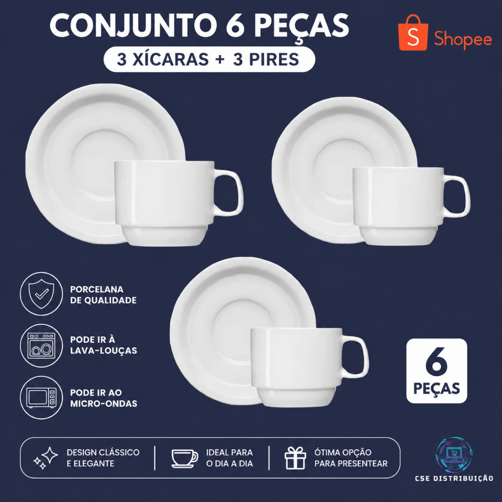 Conjunto kit 6 Pçs - 3 Xicara Porcelana Branca 200ml + 3 Pires Porcelana Branca (ENVIO IMEDIATO)