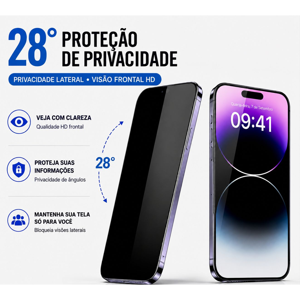 Película De Privacidade Premium iPhone 11 ao 17 Pro Max Anti Espião 3D Vidro Temperado Proteção Tela