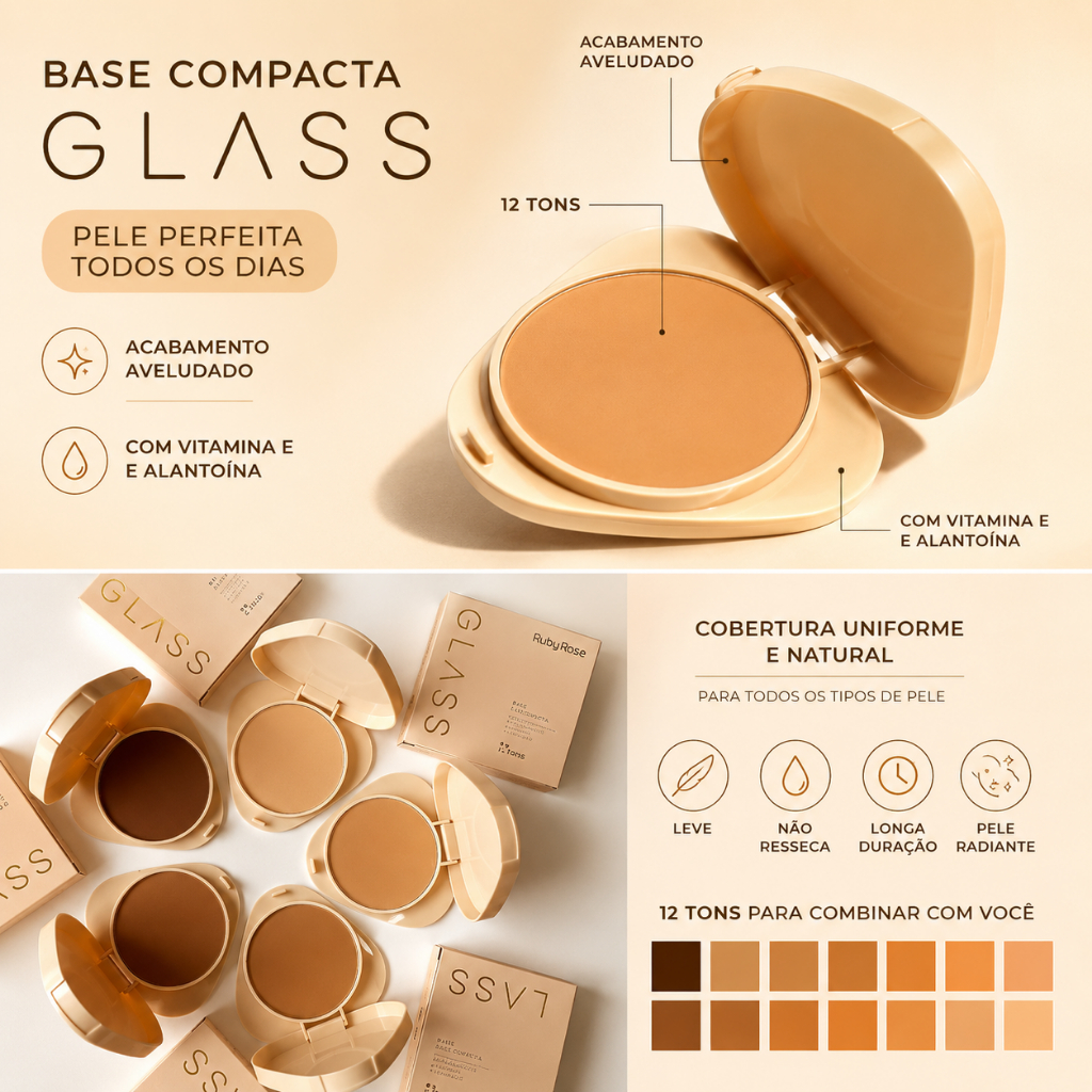 Pó Compacto Glass Ruby Rose Base Compacta Efeito Aveludado Cobertura Natural 12 Tons