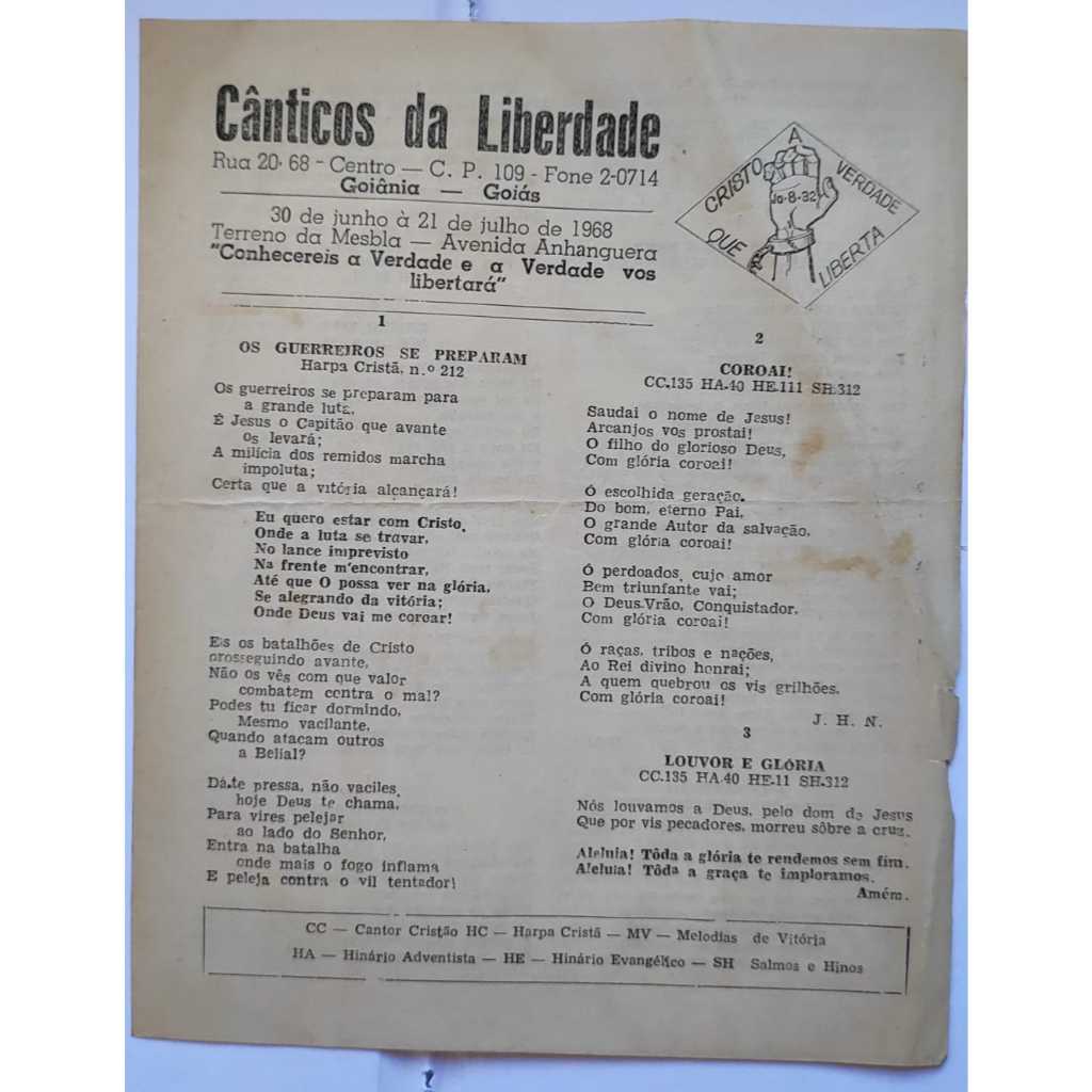 Folheto Religioso Cânticos Da Liberdade Goiânia Goiás 1968 Hinos Cristãos