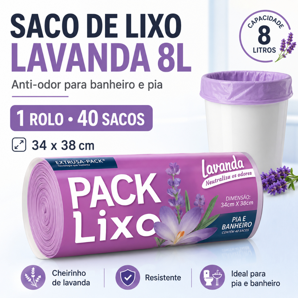 Saco Lixo Perfumado Lavanda 8L 34x38cm Pia Banheiro Anti Odor Reforcado Neutraliza Odores Nao Vaza