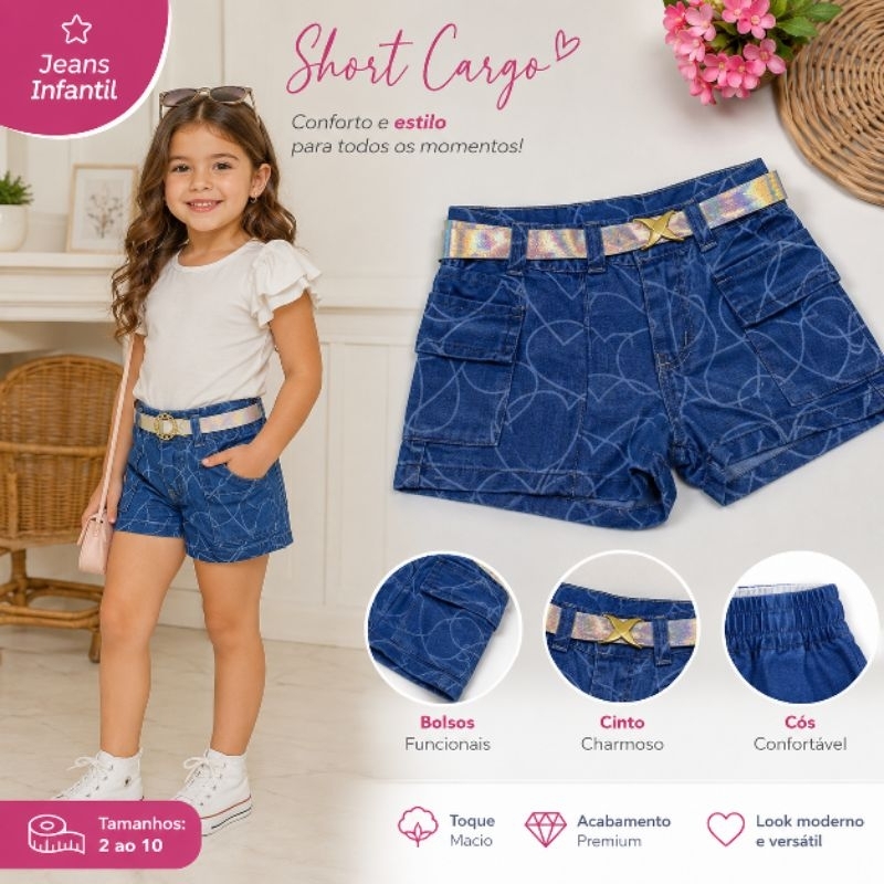 Short Cargo Jeans Infatil de Menina Com Bolso Lateral.