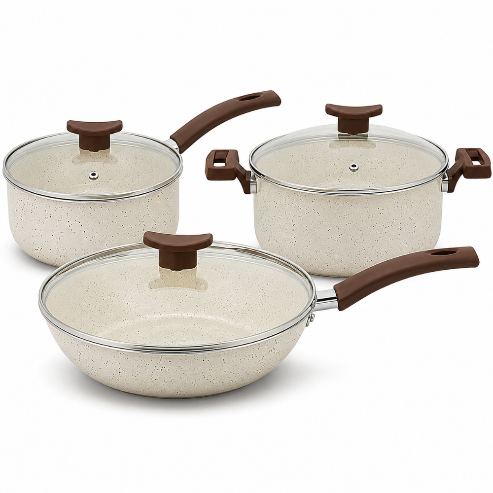Jogo Panelas 3 Peças Cerâmica Antiaderente Wok Caçarola Panela Cozinha Kit Conjunto Completo