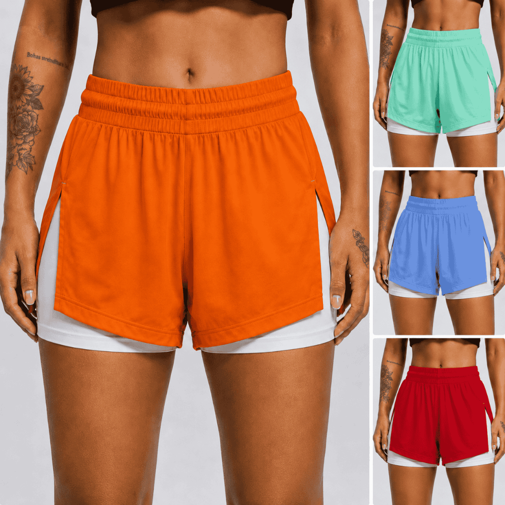 Shorts Feminino 2 em 1 com Compressão | Bermuda Dupla para Academia, Corrida e Caminhada | Short Interno Justo para Trei