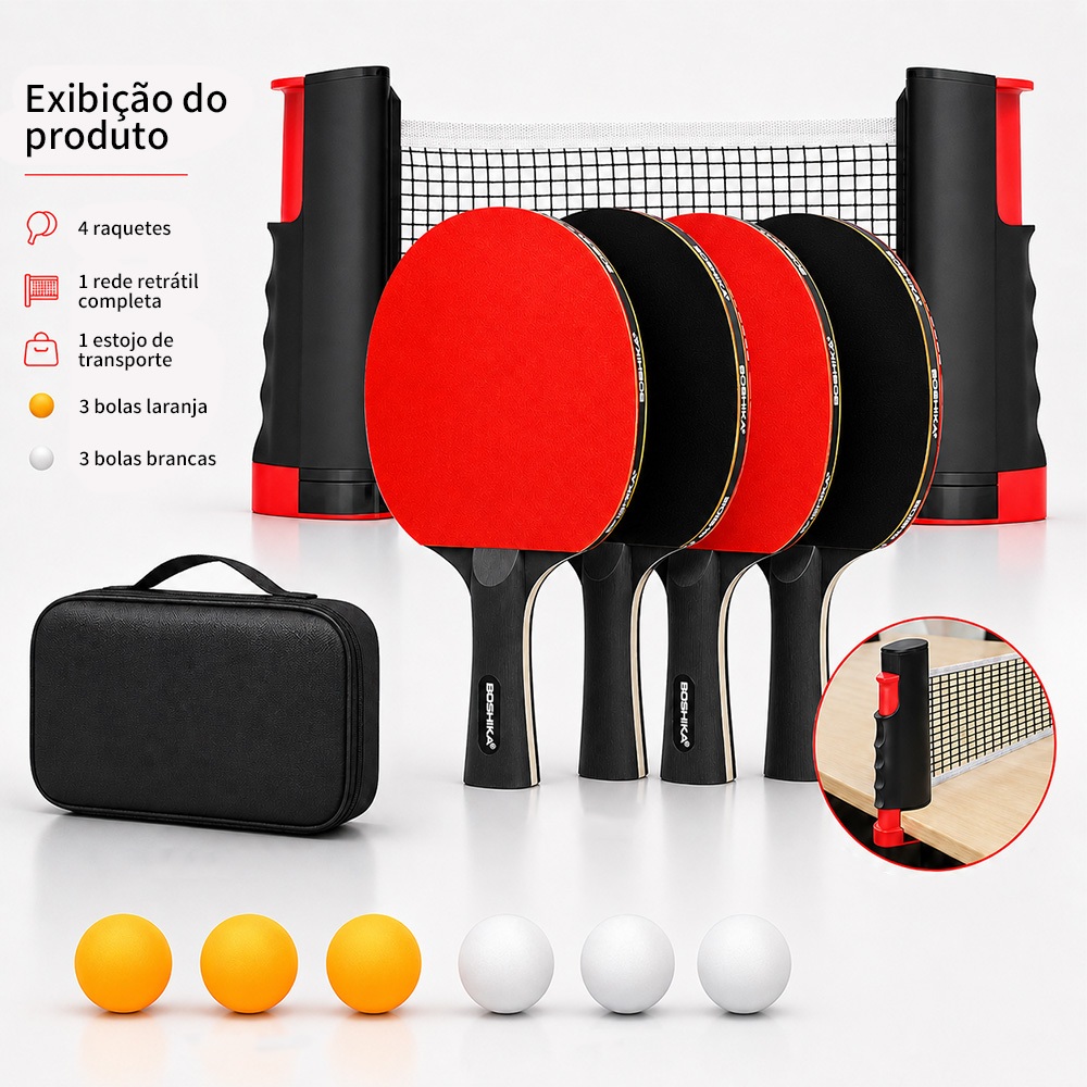 KIT 12 Conjunto De Tênis De Mesa Completo 2 ou 4 Raquetes + Rede E Bolas + Bag
