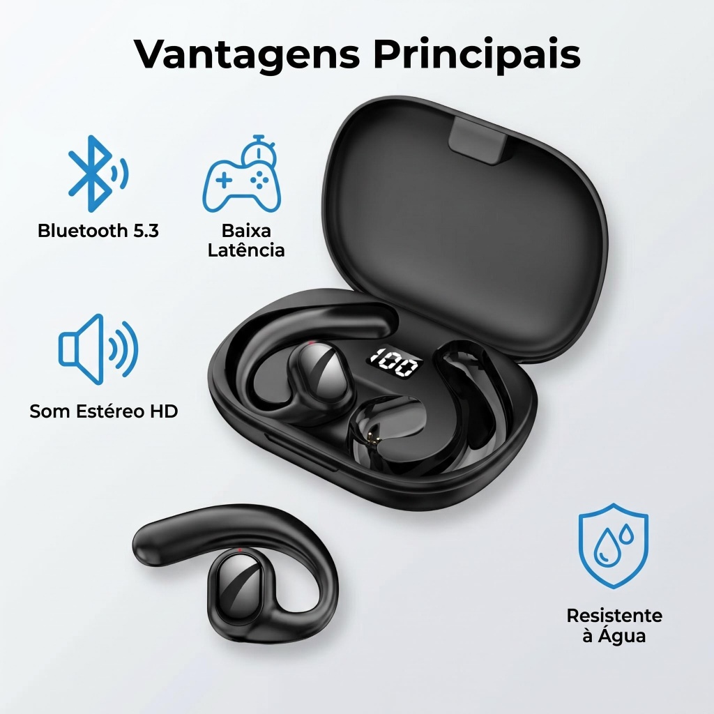 Fone De Ouvido Bluetooth Esportivo Sem Fio Resistente à Água com Microfone e Display LED para Android iPhone