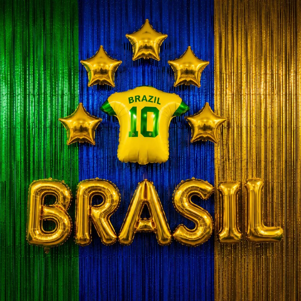 Kit Decoração Copa Com Cortina Metalizada Balão Letreiro Camisa Brasil Confraternização Loja Comércio Aniversário