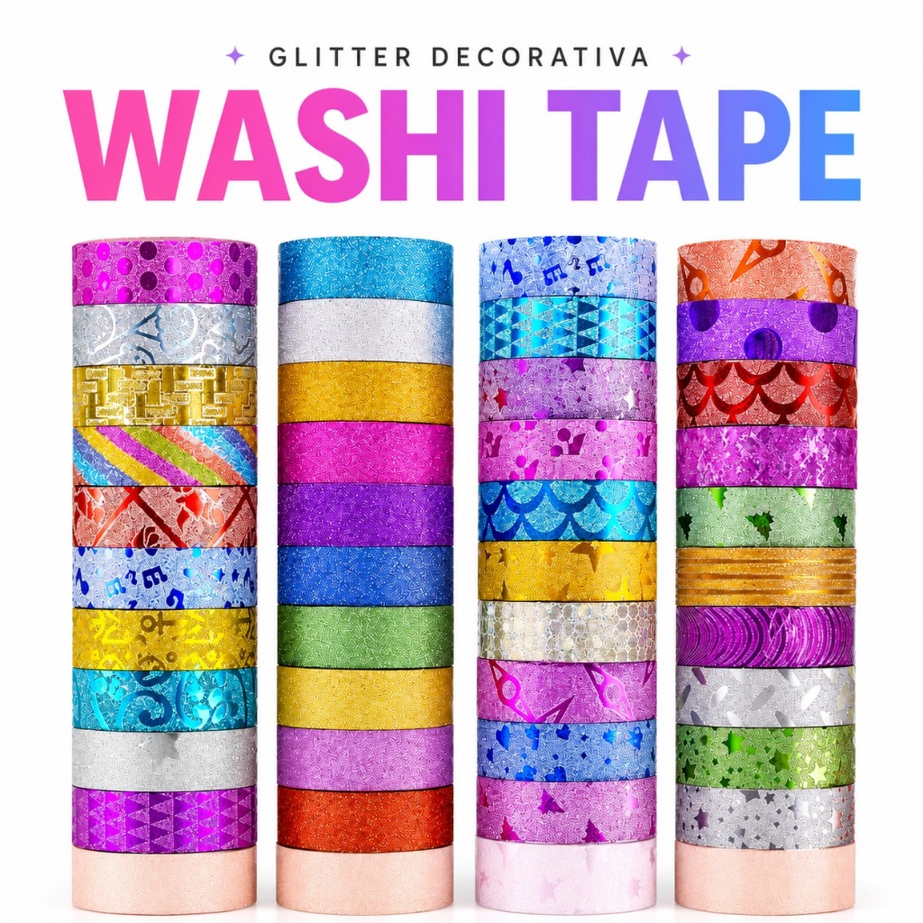 Kit 10 Fitas Adesivas Coloridas Brilhoso Com Glitter Estampada (Sortidos)
