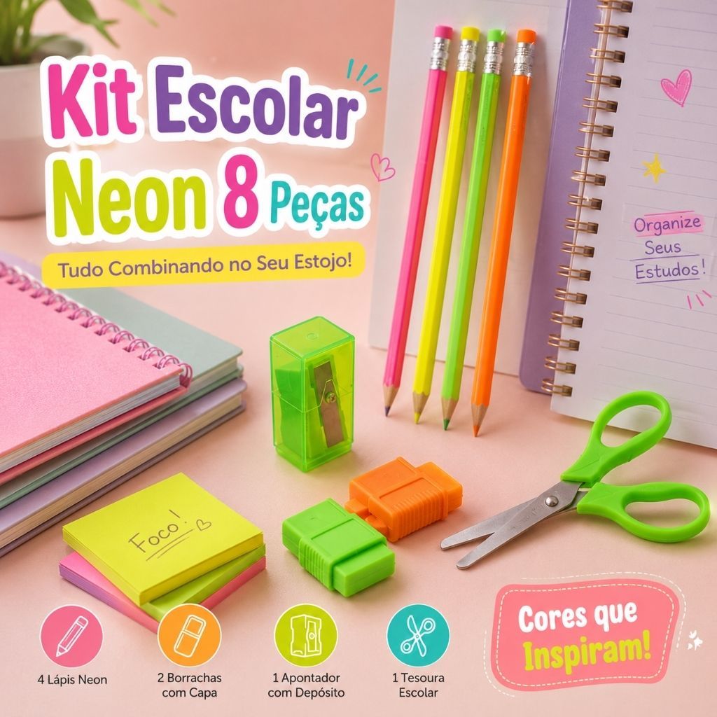 Kit Material Escolar Neon 8 Peças Lápis Triangular Borracha Com Capa Tesoura Inox Apontador