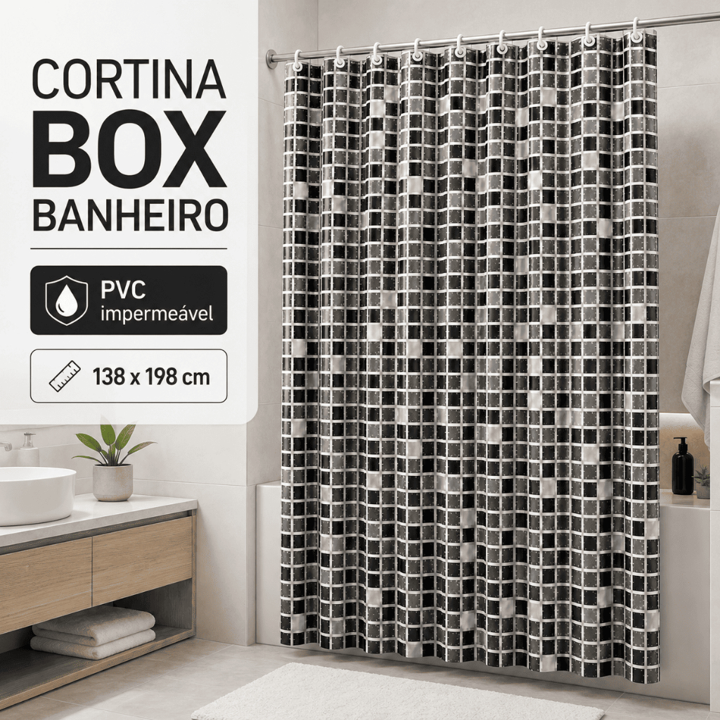 Cortina de Banheiro Box com ilhós Impermeável Antimofo Ladrilhos PVC