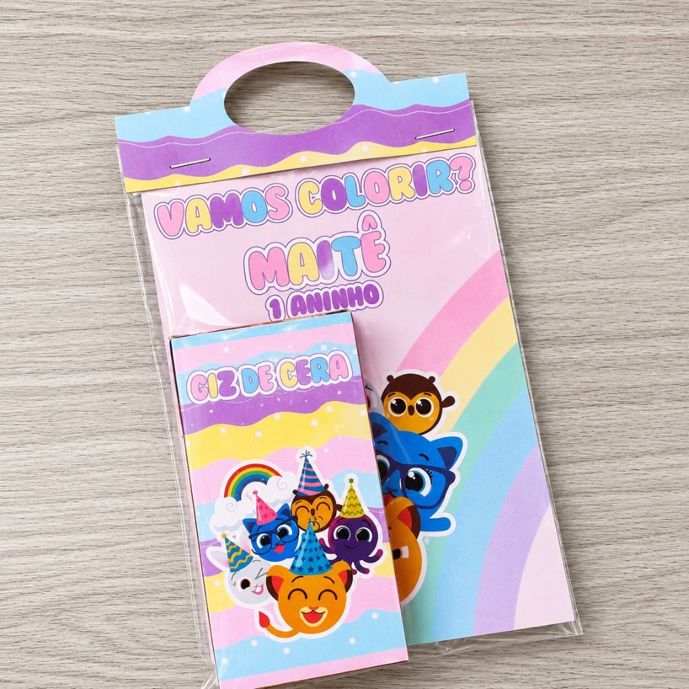 Kit Colorir Pintar com Giz de Cera Lembrancinha Aniversario Infantil Personalizado Bolofofos Menina